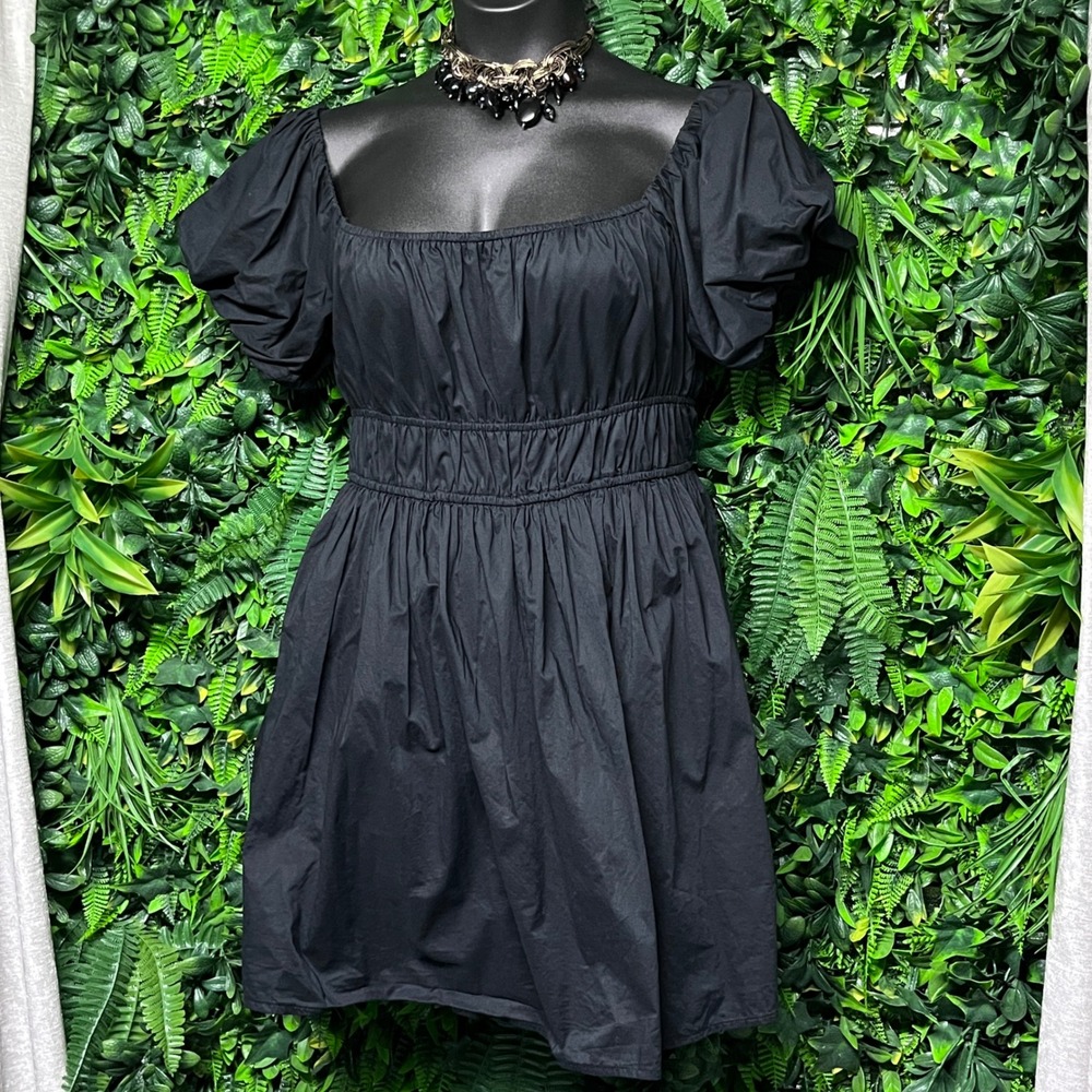 Hollister Romper Dress Large Black Cotton Puff‎ Sleeve Smocked Waist 3725